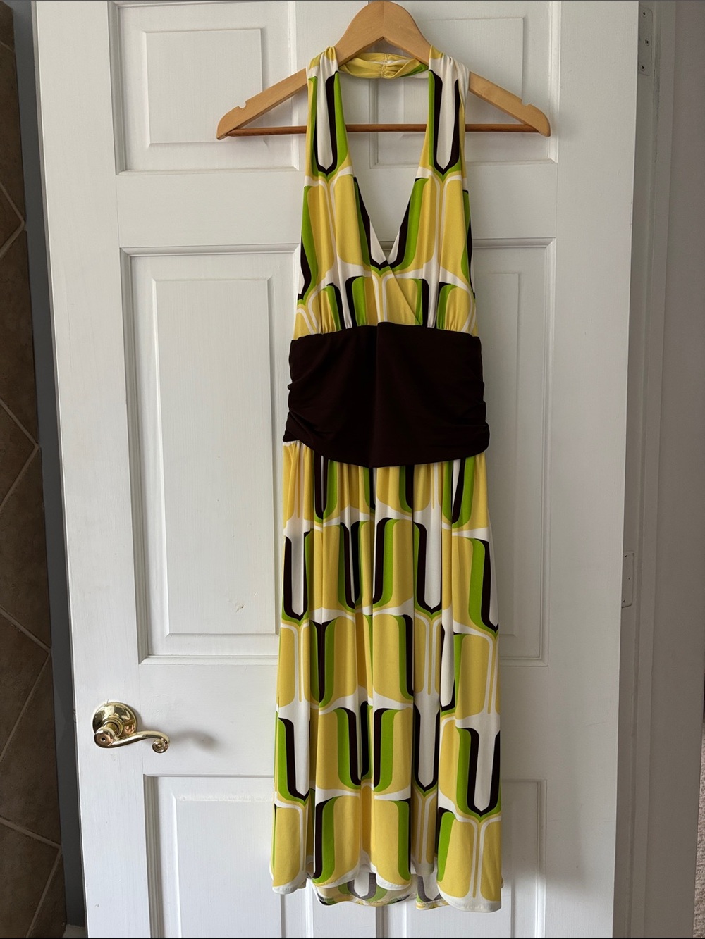 Maggy London Yellow and Brown Halter Midi Dress